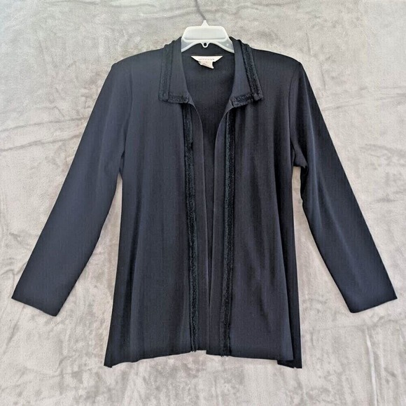 Exclusively Misook Sweaters - Misook Lg  Cardigan Open Collared Black Fringe Long Sleeve Liquid Knit Travel